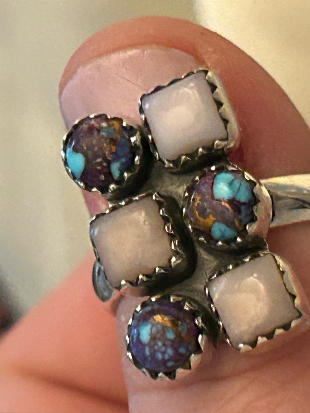 Sterling Silver Adjustable Pink Opal and Purple Mojave Ring - Picture 5 of 7